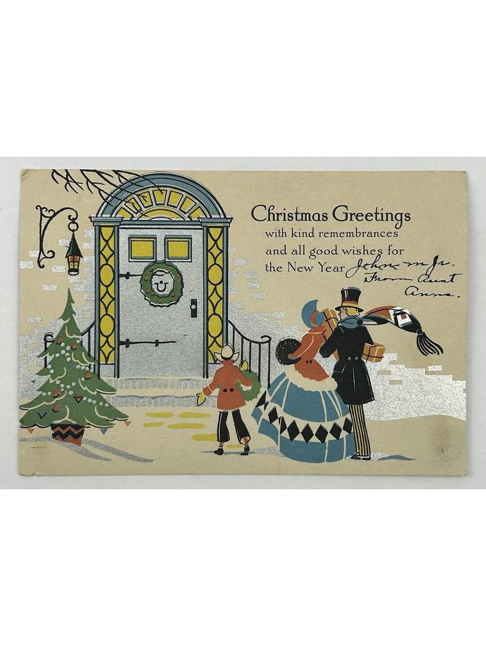 Vintage Christmas Card Postcard Silver Foil Embossed Victorian Era Aunt Anna N-2